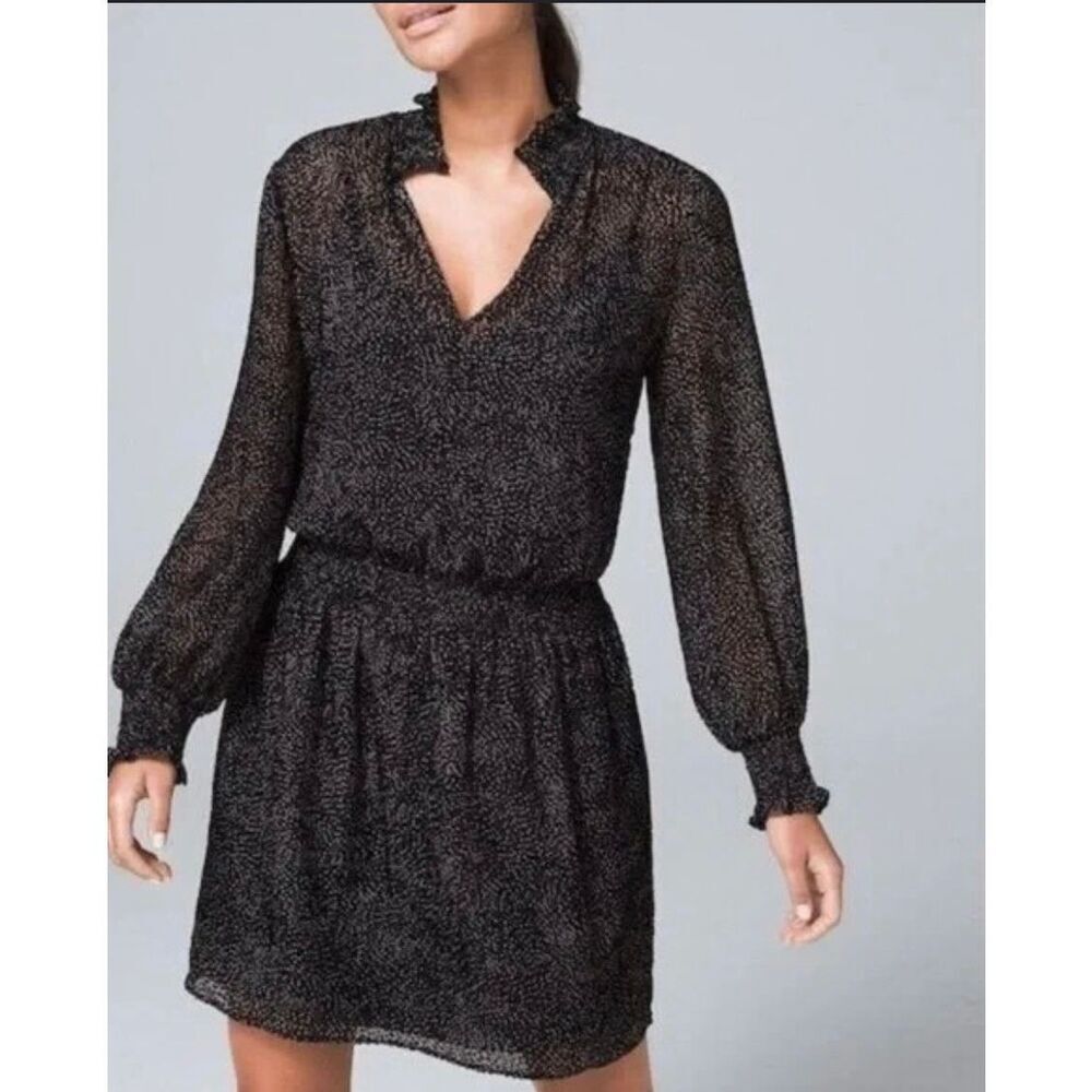 White House Black Market NWT Black Flocked Dot Mini Dress Size M Sheer Long Slee